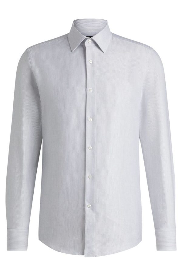 Camisa Slim Em Sarja De Algodão Às Riscas